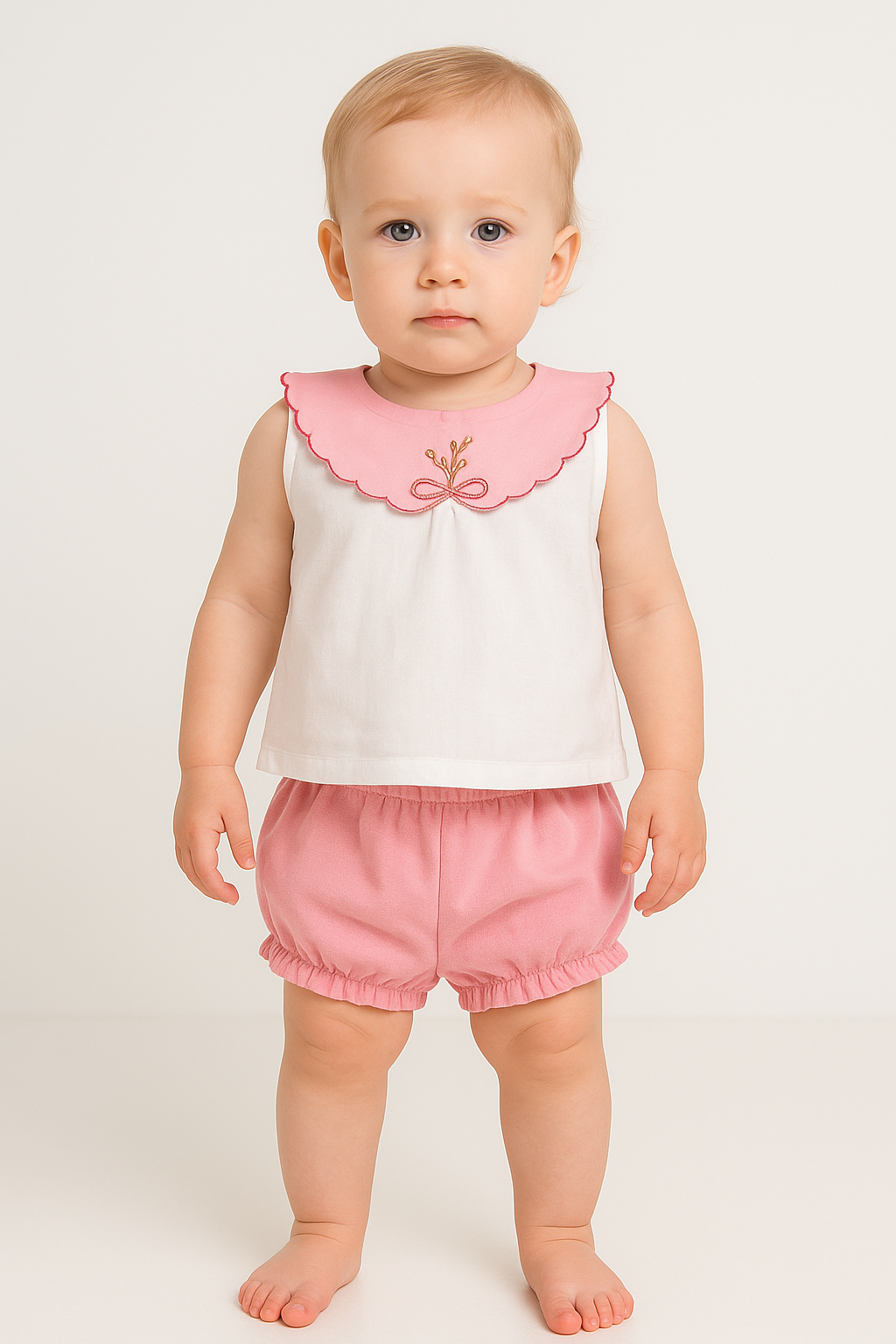 Kız Bebek Yakası Çiçek Nakışlı Sıfır Kol Keten Şortlu Takım