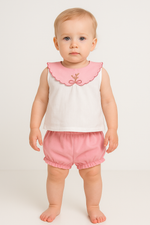 Kız Bebek Yakası Çiçek Nakışlı Sıfır Kol Keten Şortlu Takım
