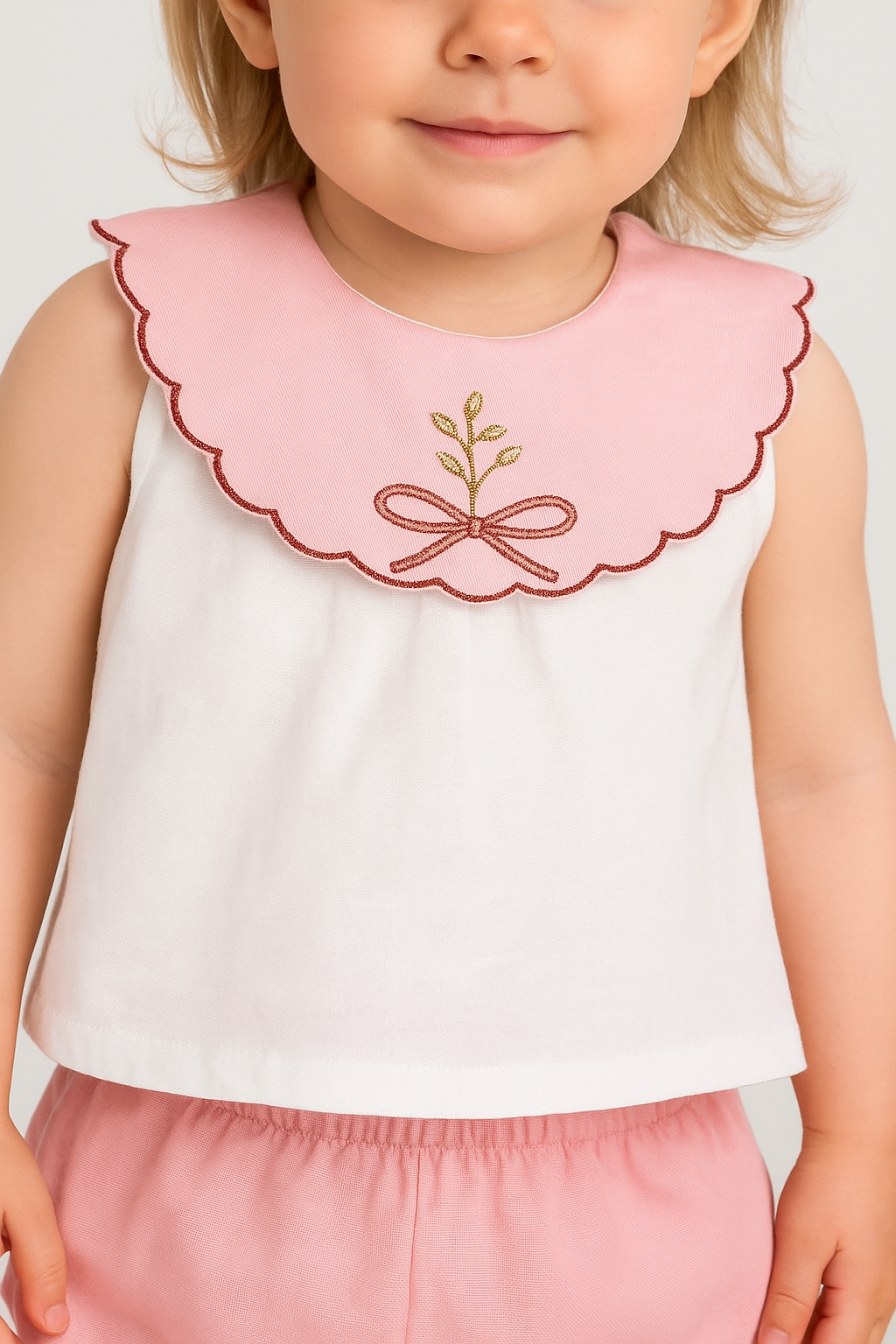 Kız Bebek Yakası Çiçek Nakışlı Sıfır Kol Keten Şortlu Takım