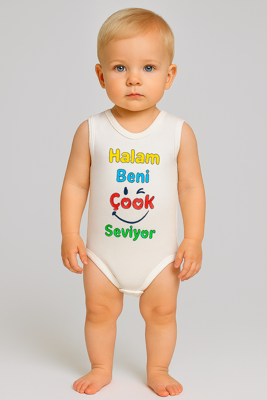 Ünisex halam beni çok seviyor yazılı sıfır kollu çıtçıtlı bady