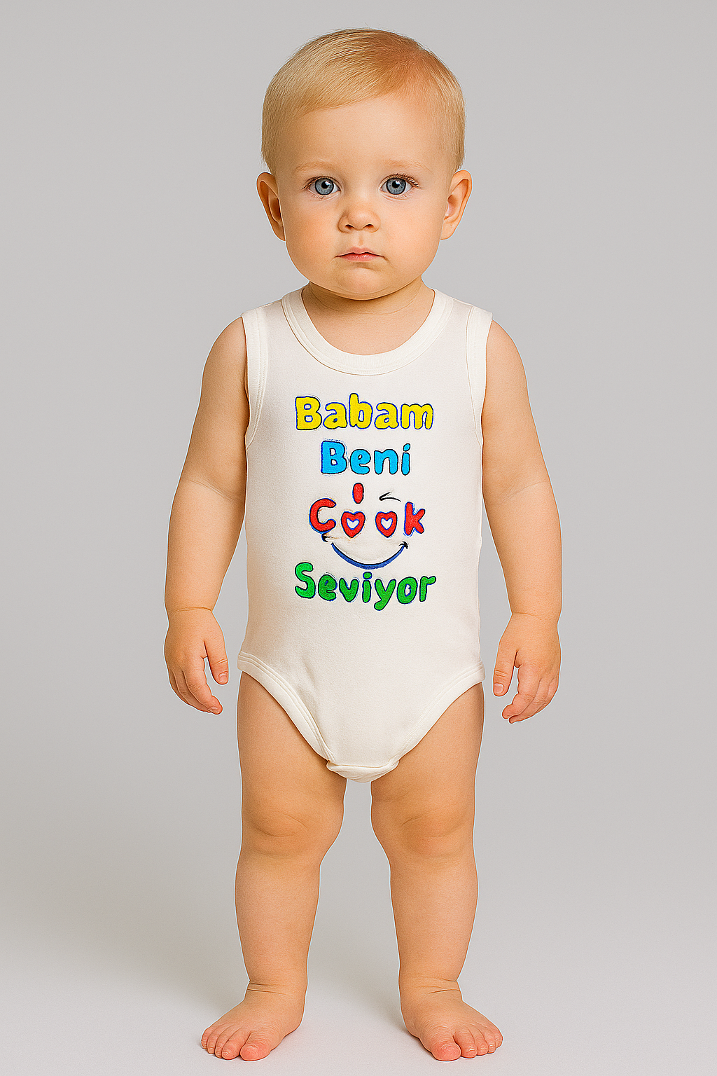 Unisex babam beni çok seviyor yazılı sıfır kollu çıtçıtlı bady