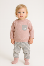 Unisex Yıldız Baskılı Kedicik Nakışlı Cepli Gri Renkli Çizgili Pantolonlu 2li Takım