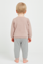 Unisex Yıldız Baskılı Kedicik Nakışlı Cepli Gri Renkli Çizgili Pantolonlu 2li Takım