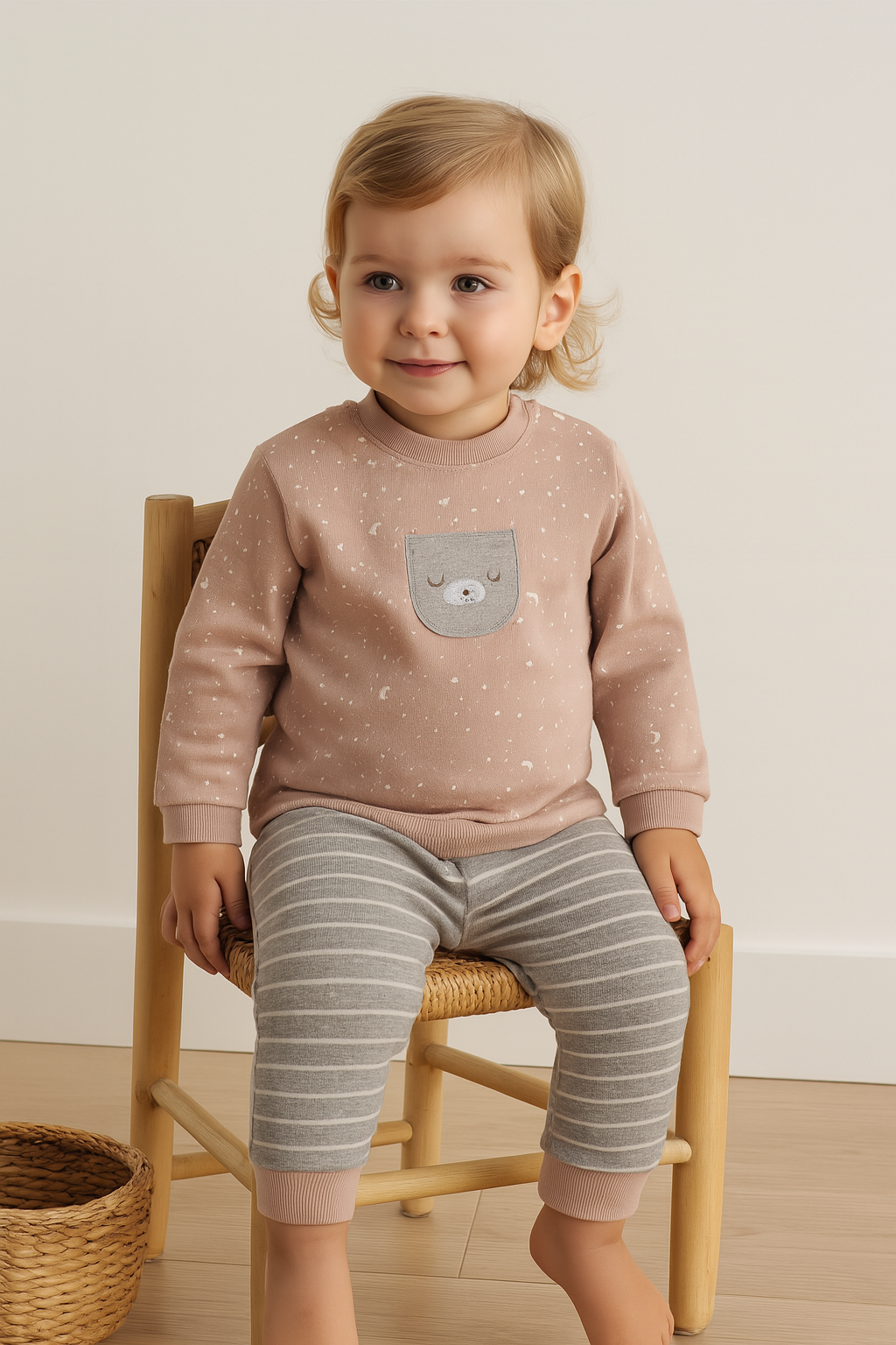 Unisex Yıldız Baskılı Kedicik Nakışlı Cepli Gri Renkli Çizgili Pantolonlu 2li Takım