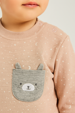 Unisex Yıldız Baskılı Kedicik Nakışlı Cepli Gri Renkli Çizgili Pantolonlu 2li Takım