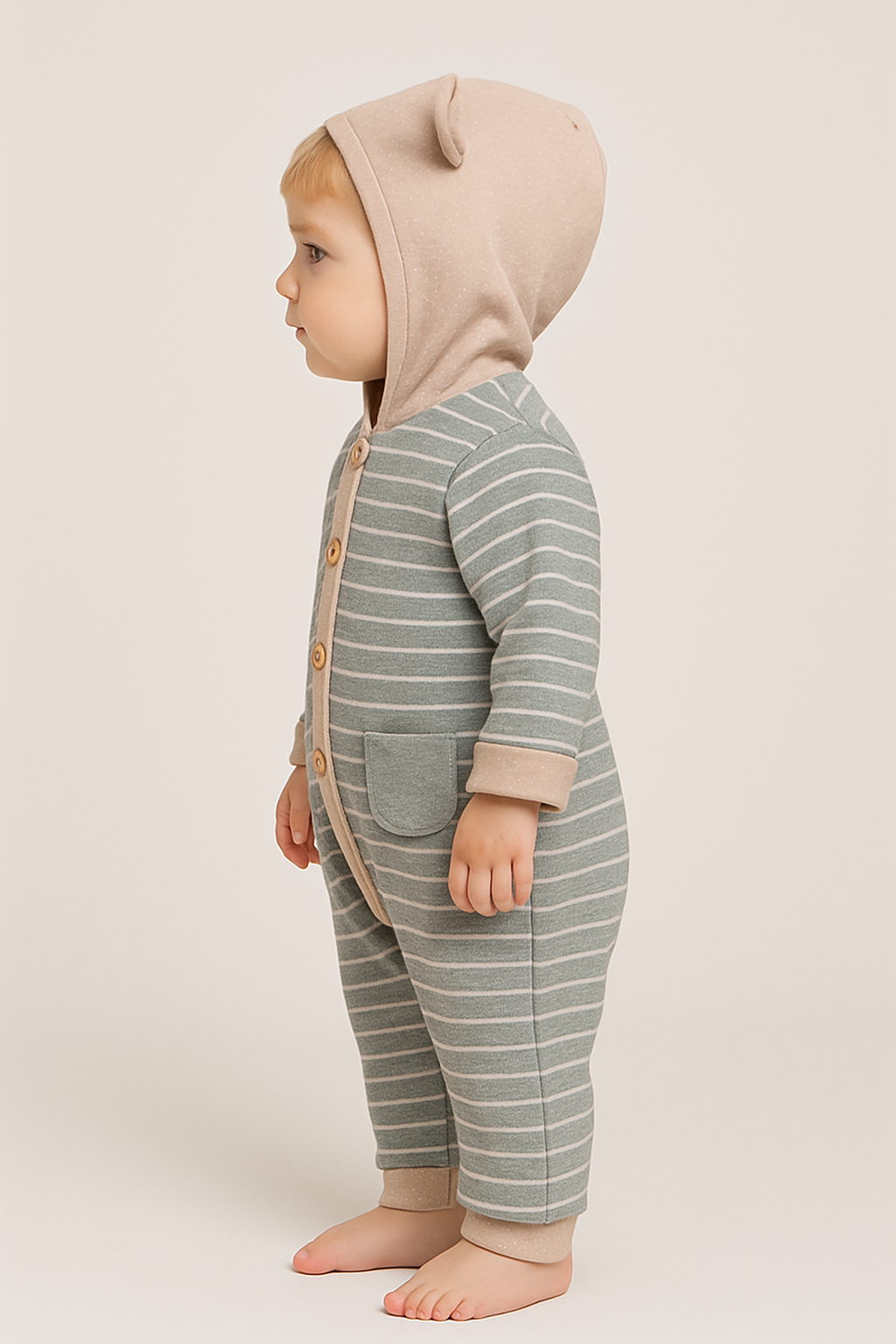 Unisex Önden Düğme Detaylı Cepli İç Kısmı Welsoft Kapşonlu Uzun Kollu Tulum