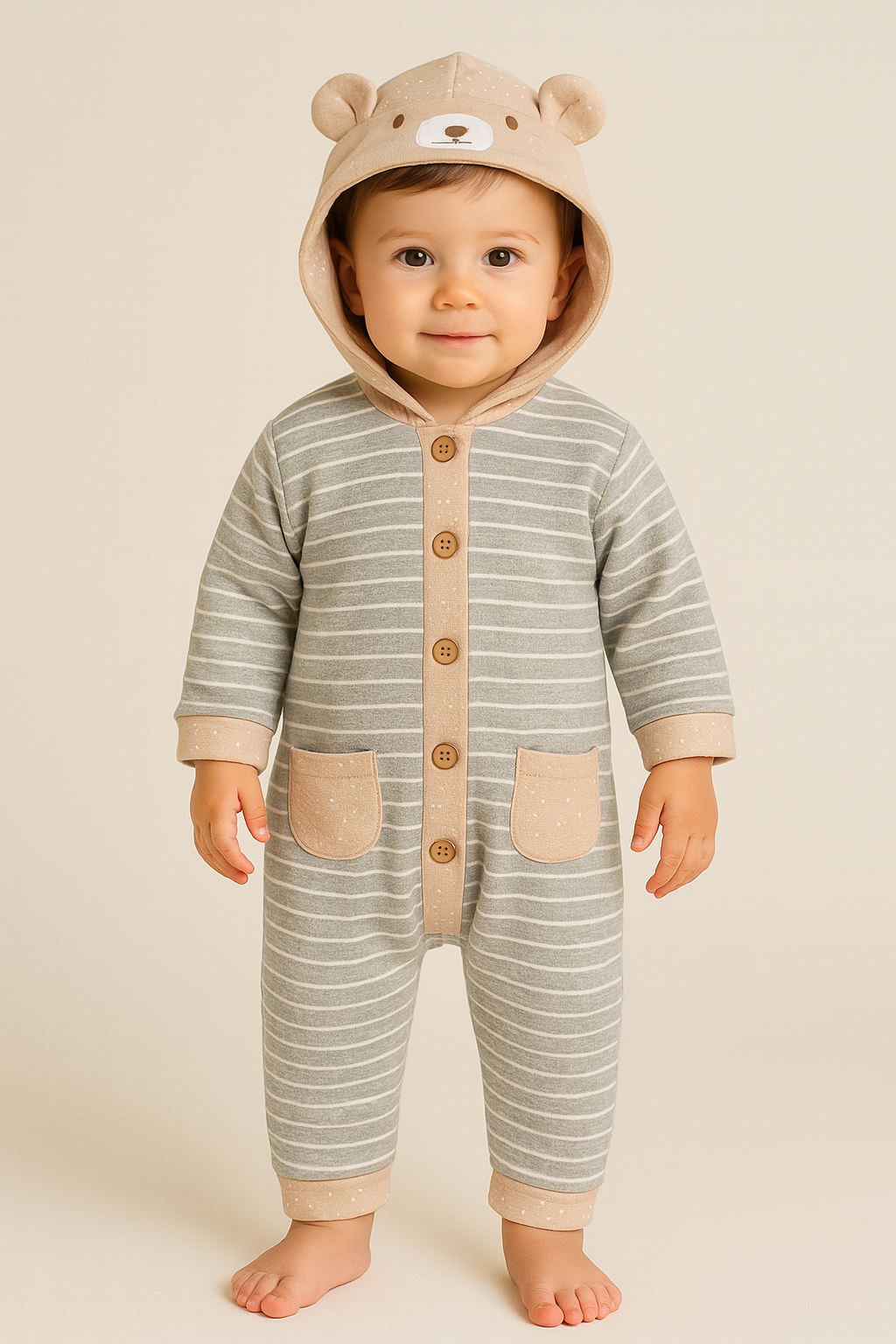 Unisex Önden Düğme Detaylı Cepli İç Kısmı Welsoft Kapşonlu Uzun Kollu Tulum