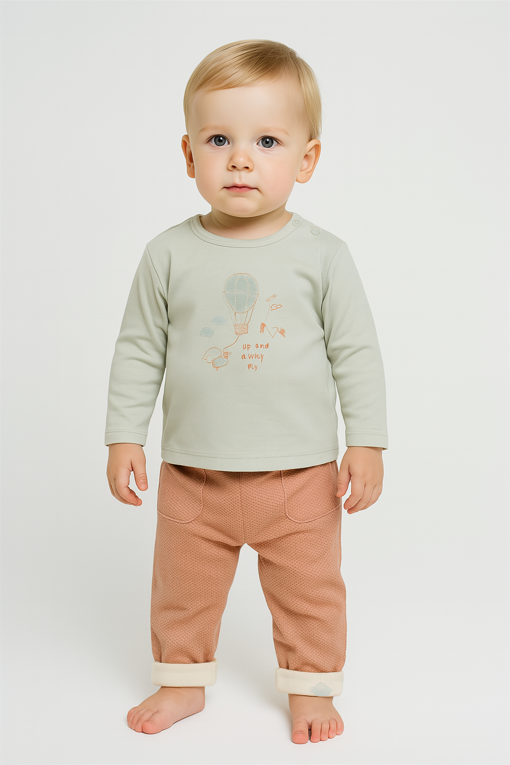 Erkek Bebek Uçan Balon Baskılı Uzun Kollu Sweat Waflee Kumaşlı Pantolon Takım