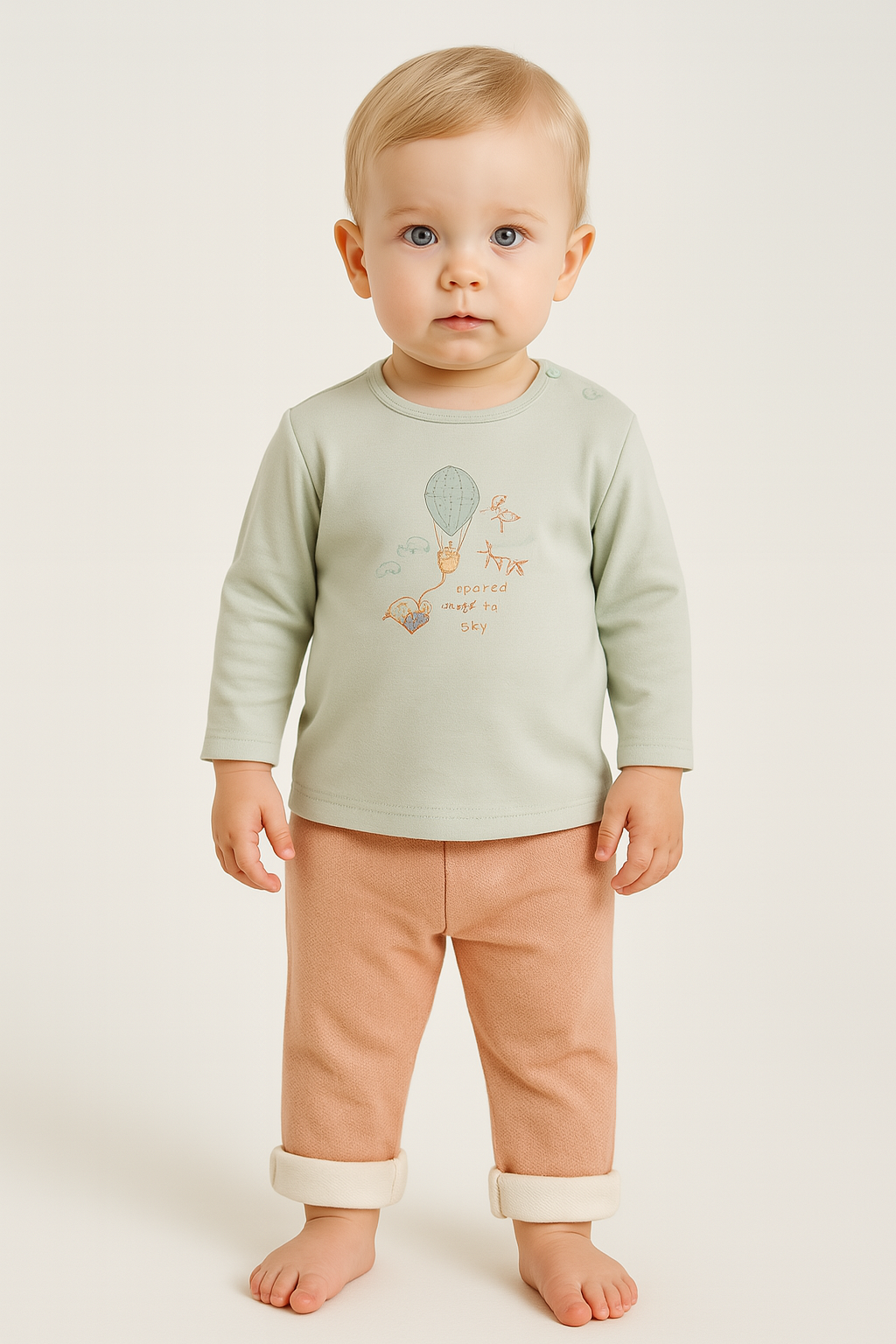 Erkek Bebek Uçan Balon Baskılı Uzun Kollu Sweat Waflee Kumaşlı Pantolon Takım