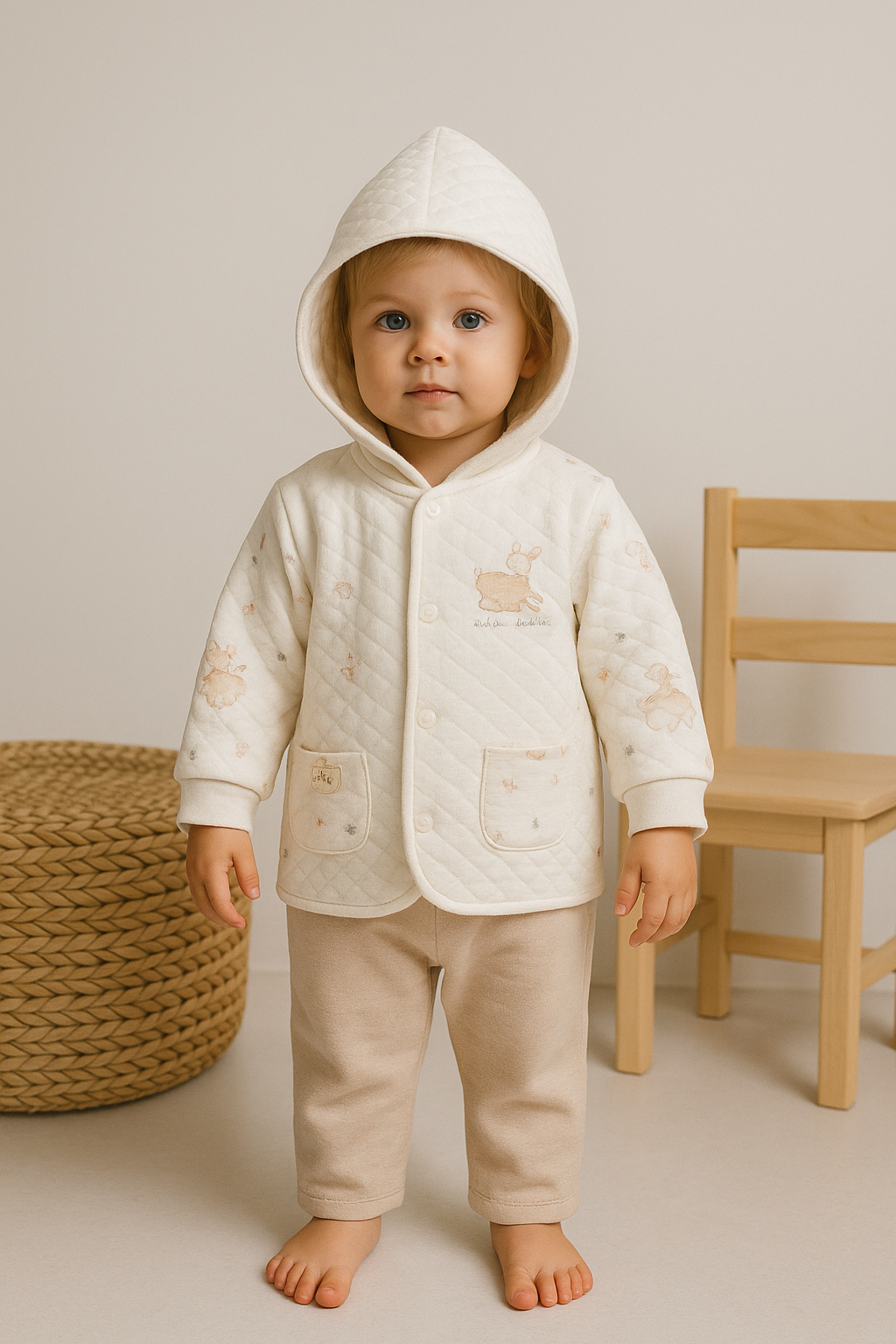 Unisex Önden Çıtçıt Kapamalı Yavru Ceylan Baskılı Cepli Pamuklu Kapşonlu Hırka