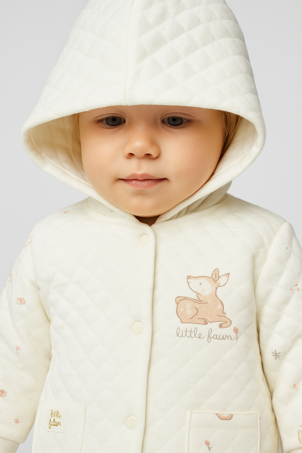 Unisex Önden Çıtçıt Kapamalı Yavru Ceylan Baskılı Cepli Pamuklu Kapşonlu Hırka