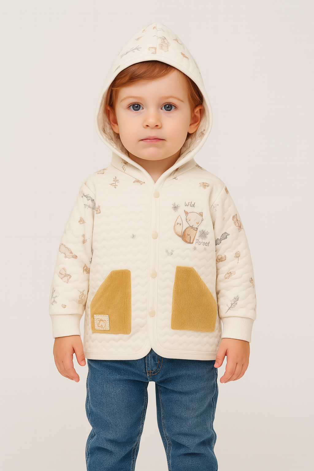 Unisex Kadife Cepli Önden Çıtçıt Detaylı Yavru Tilki Baskılı Kapşonlu Pamuklu Hırka