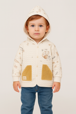 Unisex Kadife Cepli Önden Çıtçıt Detaylı Yavru Tilki Baskılı Kapşonlu Pamuklu Hırka