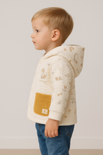 Unisex Kadife Cepli Önden Çıtçıt Detaylı Yavru Tilki Baskılı Kapşonlu Pamuklu Hırka