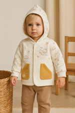 Unisex Kadife Cepli Önden Çıtçıt Detaylı Yavru Tilki Baskılı Kapşonlu Pamuklu Hırka