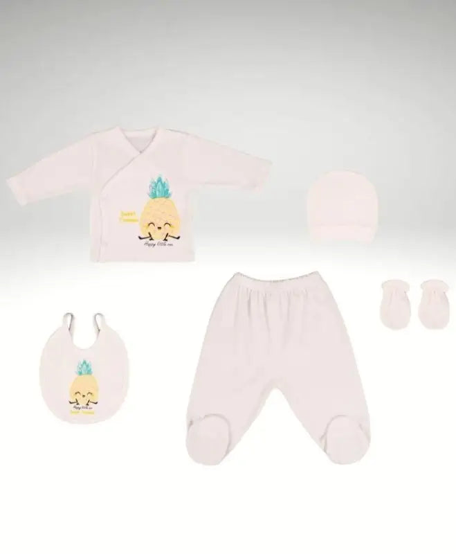 Ananas Desenli Bebek Zıbın Seti - 3 Ay - 5 Parça - Pamuklu Ve Yumuşak - Bebek Kıyafetleri - beyaz / 0-3 ay - Bebek
