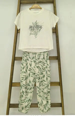 Beatıful Yazılı Yaprak Desenli Pantolonlu Kız Çocuk Takım - Ekru-Yeşil Renk - 4 - 8 Yaş - Kız Çocuk Giyim/Kız Çocuk