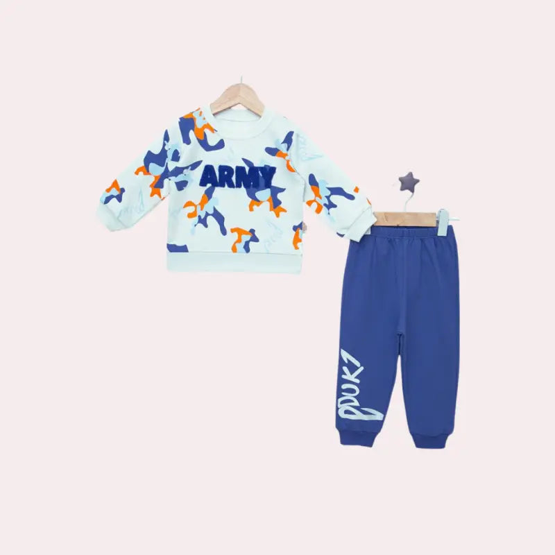 Bebek Erkek Takımı | Beyaz Sweat & Mavi Alt | 9 - 24 Ay - Bebek Giyim/Erkek Bebek Giyim/Erkek Bebek Takımları