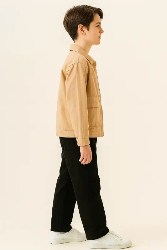 “Bej Fermuarlı Erkek Çocuk Ceketi – Cep Detaylı Gabardin Mont | 10-12 Yaş Sonbahar Şıklığı” - Erkek Çocuk Giyim/Erkek