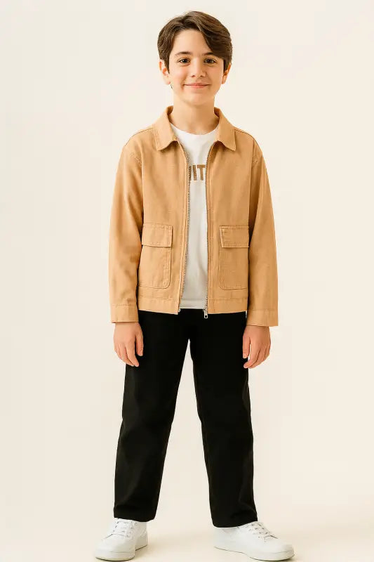 “Bej Fermuarlı Erkek Çocuk Ceketi – Cep Detaylı Gabardin Mont | 10-12 Yaş Sonbahar Şıklığı” - Erkek Çocuk Giyim/Erkek