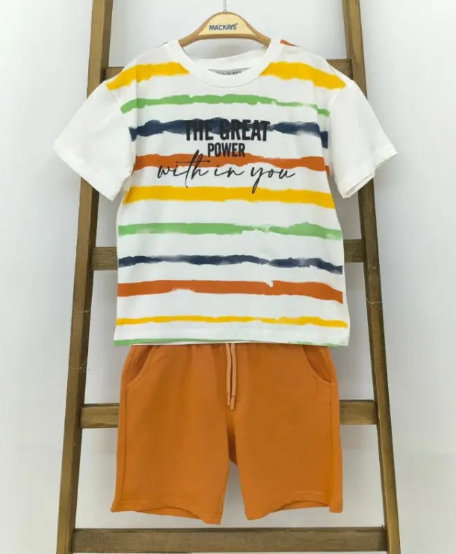 Çizgili Tişört & Turuncu Şort Erkek Çocuk Takımı | Renkli Yaz Macerası - Erkek Çocuk Giyim/Erkek Çocuk Takım