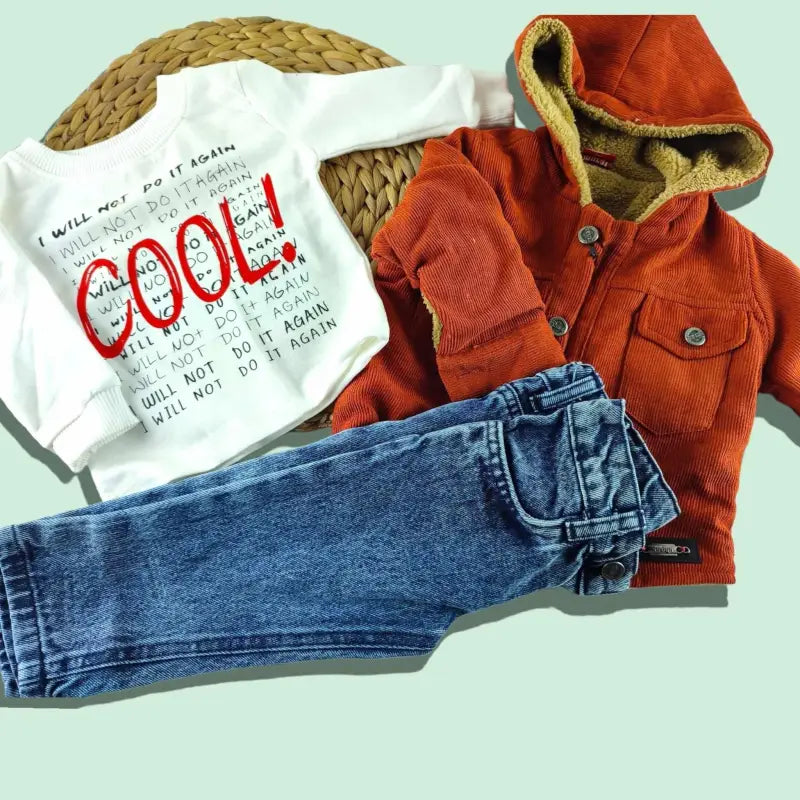 Erkek Bebek 3’Lü Takım | Kahverengi Kadife Mont & Kot Pantolon & Beyaz Sweat | 9 Ay - Bebek Giyim/Erkek Bebek