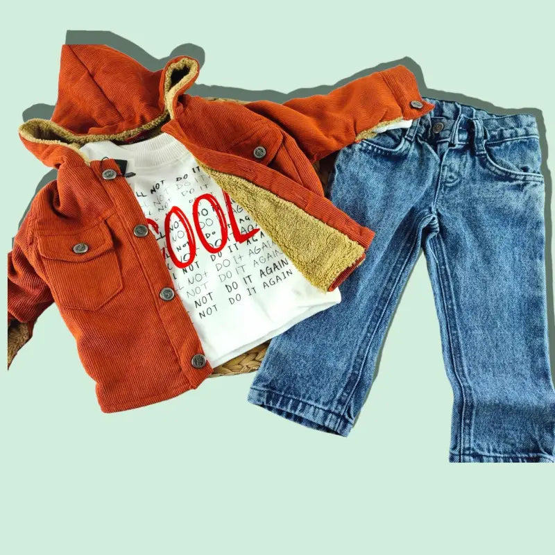 Erkek Bebek 3’Lü Takım | Kahverengi Kadife Mont & Kot Pantolon & Beyaz Sweat | 9 Ay - Bebek Giyim/Erkek Bebek