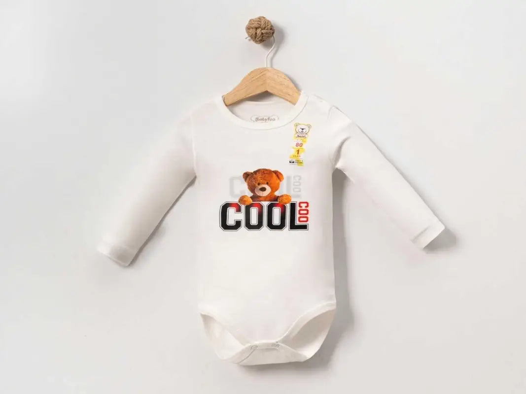 Erkek Bebek Ayıcık Baskılı-Cool Yazılı -Uzun Kollu Bady - Bebek Giyim/Erkek Bebek Giyim/Erkek Bebek Zıbın