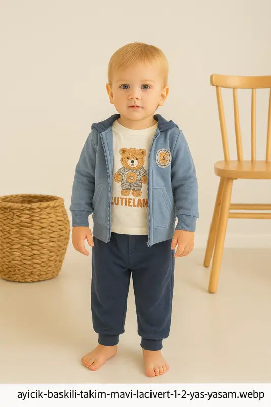 Erkek Bebek Ayıcık Baskılı Kapüşonlu 3’Lü Mavi-Lacivert Eşofman Takımı (1-2 Yaş % 100 Pamuk) - Kategorisiz