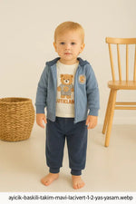 Erkek Bebek Ayıcık Baskılı Kapüşonlu 3’Lü Mavi-Lacivert Eşofman Takımı (1-2 Yaş % 100 Pamuk) - Kategorisiz