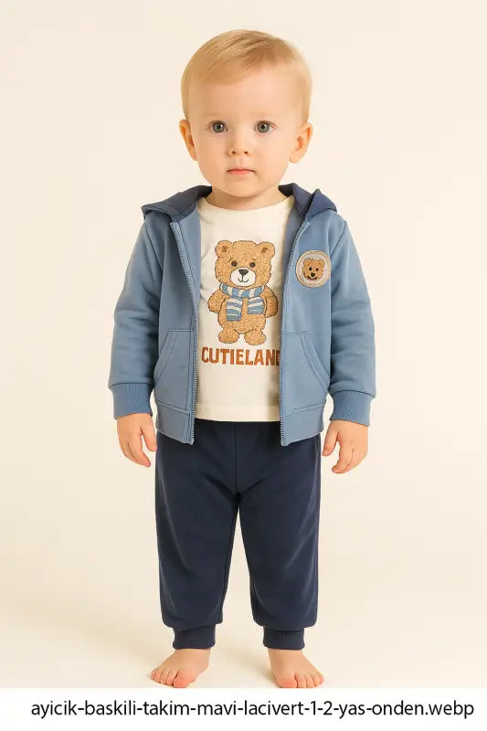 Erkek Bebek Ayıcık Baskılı Kapüşonlu 3’Lü Mavi-Lacivert Eşofman Takımı (1-2 Yaş % 100 Pamuk) - Kategorisiz