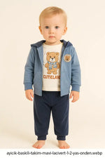 Erkek Bebek Ayıcık Baskılı Kapüşonlu 3’Lü Mavi-Lacivert Eşofman Takımı (1-2 Yaş % 100 Pamuk) - Kategorisiz