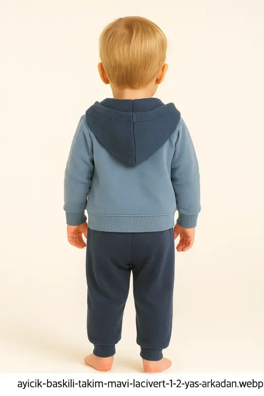 Erkek Bebek Ayıcık Baskılı Kapüşonlu 3’Lü Mavi-Lacivert Eşofman Takımı (1-2 Yaş % 100 Pamuk) - Kategorisiz