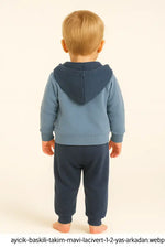 Erkek Bebek Ayıcık Baskılı Kapüşonlu 3’Lü Mavi-Lacivert Eşofman Takımı (1-2 Yaş % 100 Pamuk) - Kategorisiz