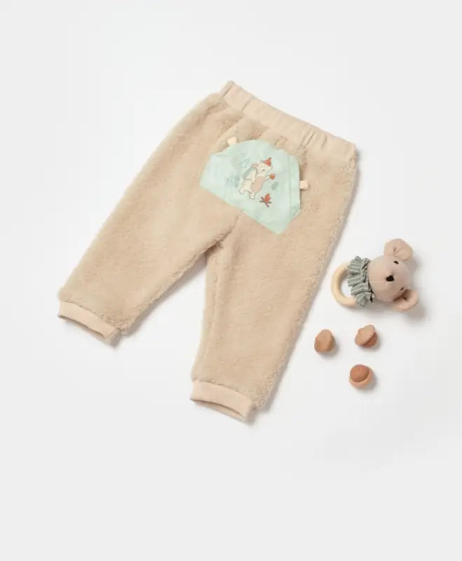 Erkek Bebek Beli Lastikli Kanguru Cepli Ayıcık Baskılı Peluş Alt Pantolon - Bebek Giyim/Erkek Bebek Giyim/Erkek Bebek
