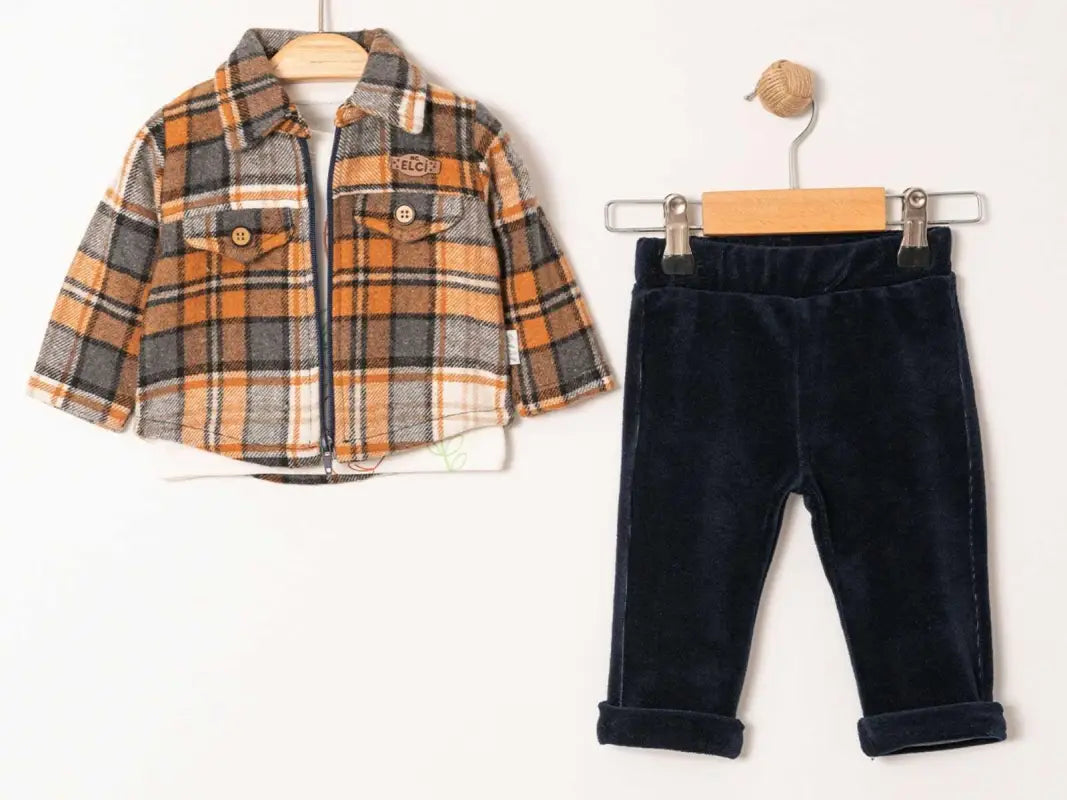 Erkek Bebek Ekoseli Fermuarlı Ceketli Kadife Pantolonlu 3Lü Takım - Bebek Giyim/Erkek Bebek Giyim/Erkek Bebek Takımları