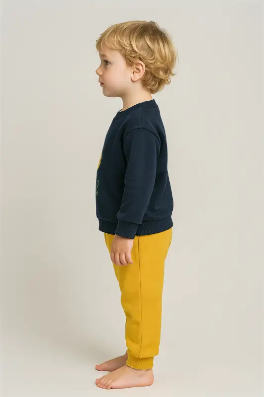 Erkek Bebek Kaplan Desenli Lacivert-Hardal Sweatshirt & Jogger Takım | % 100 Pamuk 2-4 Yaş - Bebek Giyim/Erkek Bebek