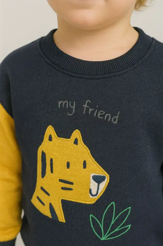 Erkek Bebek Kaplan Desenli Lacivert-Hardal Sweatshirt & Jogger Takım | % 100 Pamuk 2-4 Yaş - Bebek Giyim/Erkek Bebek