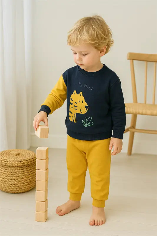 Erkek Bebek Kaplan Desenli Lacivert-Hardal Sweatshirt & Jogger Takım | % 100 Pamuk 2-4 Yaş - Bebek Giyim/Erkek Bebek