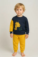 Erkek Bebek Kaplan Desenli Lacivert-Hardal Sweatshirt & Jogger Takım | % 100 Pamuk 2-4 Yaş - Bebek Giyim/Erkek Bebek