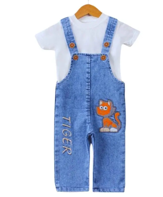 Erkek Bebek Kedi Nakışlı Tişörtlü Kot Salopet - Kısakol Tişörtlü - Kot - Salopet - 6 - 18 Ay - Bebek Giyim/Erkek Bebek