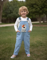 Erkek Bebek Köpek Nakışlı Müslin Kumaş Salopet - Düğmeli - Müslin - Mavi Renk - 12 - 18 - 24 Ay - Bebek Giyim/Erkek