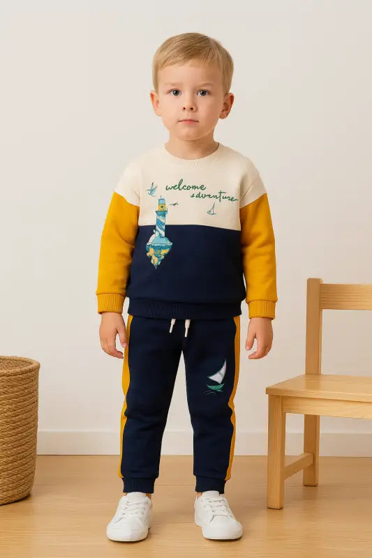Erkek Bebek Marin Temalı Lacivert-Hardal “Volemos Juntos” Baskılı Pamuklu Eşofman Takımı (1-2 Yaş) - Bebek Giyim/Erkek