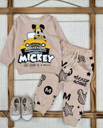 Erkek Bebek Mickey Baskılı -Uzunkol-Kahve Renk-2Li Takım - Bebek Giyim/Erkek Bebek Giyim/Erkek Bebek Takımları