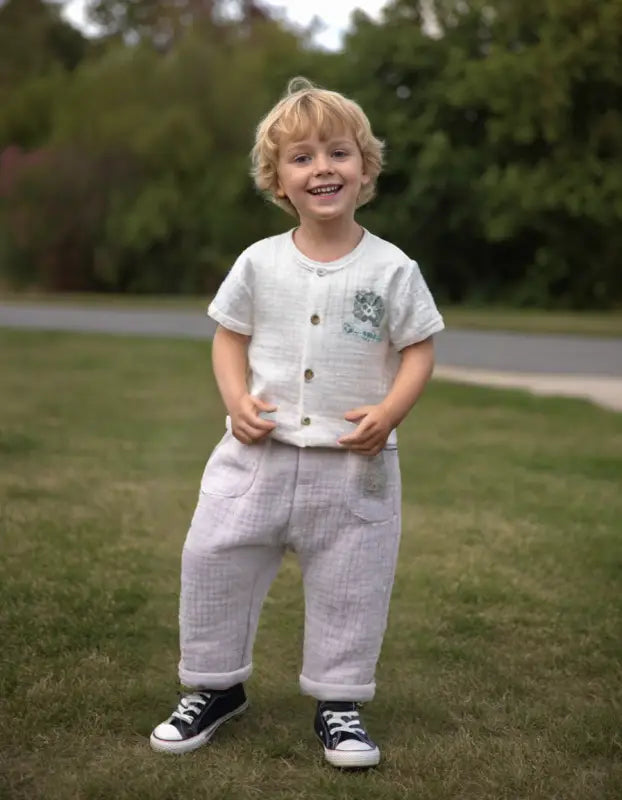 Erkek Bebek Müslin Kumaş Önden Düğmeli Kısa Kollu Şortlu Takım - Organik - Müsli Kumaş - 6 - 36 Ay - Bebek Giyim/Erkek