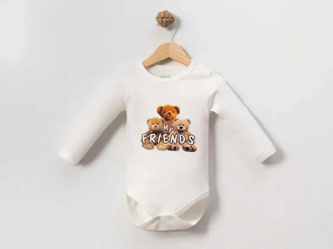 Erkek Bebek My Friends Yazılı Ayıcık Baskılı Uzun Kollu Pamuklu Çıtçıtlı Bady - Bebek Giyim/Erkek Bebek Giyim/Erkek