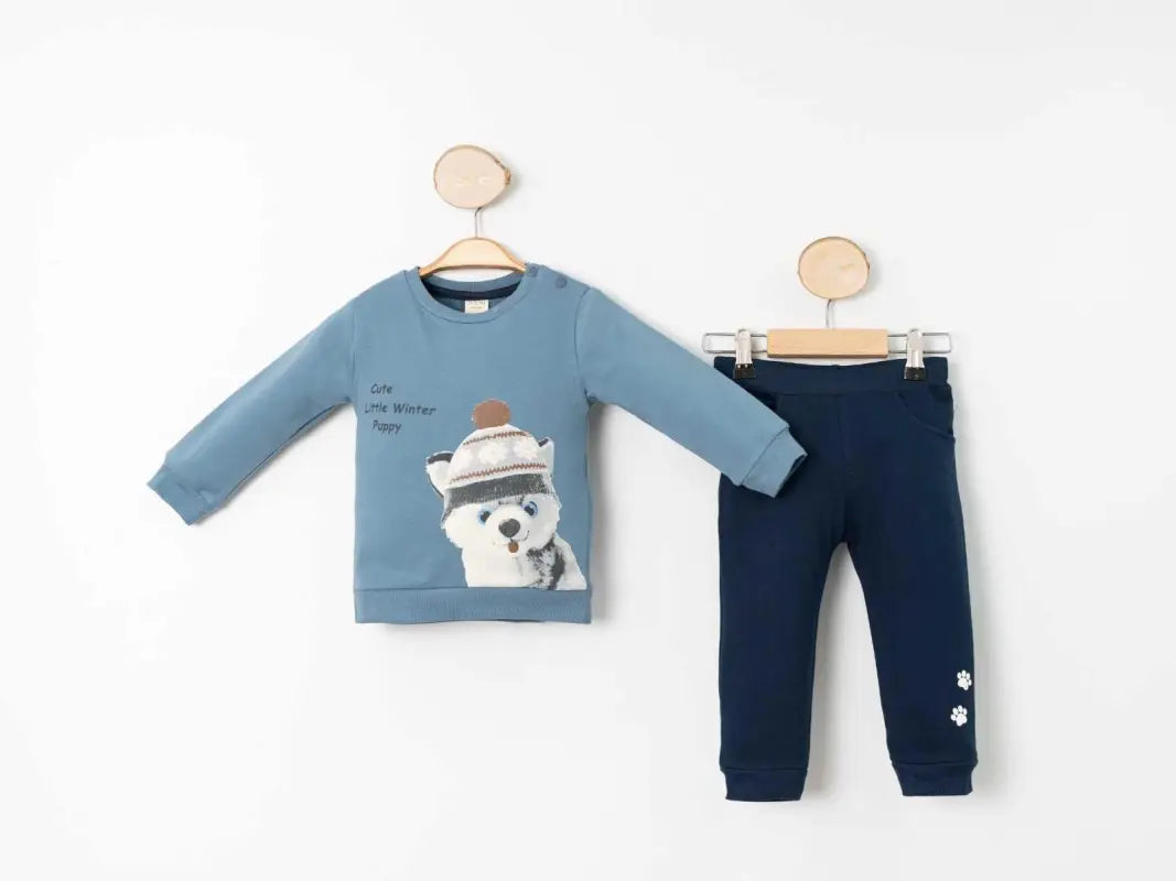 Erkek Bebek Şapkalı Kedicik Baskılı Şardonlu 2Li Takım - Bebek Giyim/Erkek Bebek Giyim/Erkek Bebek Takımları