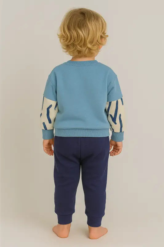 Erkek Bebek Soyut Desenli Kanguru Cepli Mavi-Lacivert Sweatshirt & Jogger Takım | % 100 Pamuk 2-4 Yaş - Bebek