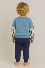 Erkek Bebek Soyut Desenli Kanguru Cepli Mavi-Lacivert Sweatshirt & Jogger Takım | % 100 Pamuk 2-4 Yaş - Bebek