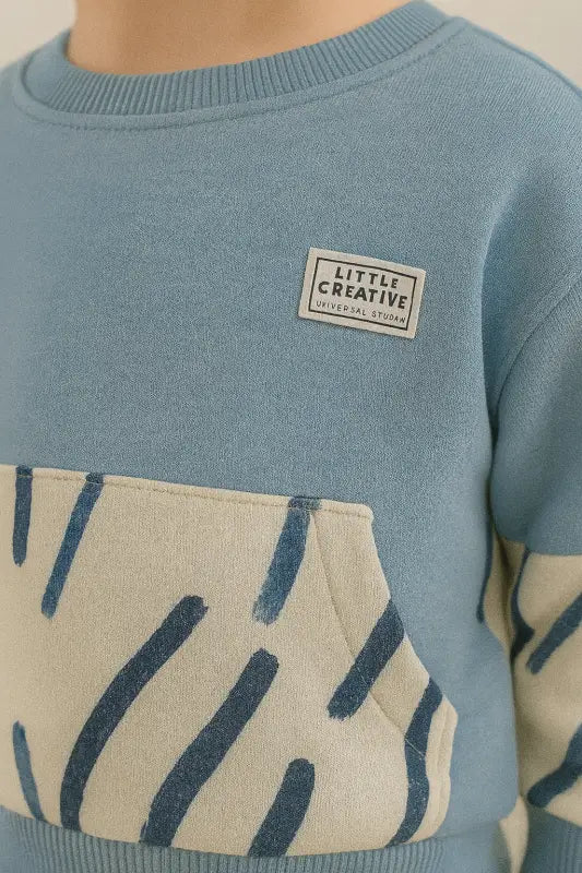 Erkek Bebek Soyut Desenli Kanguru Cepli Mavi-Lacivert Sweatshirt & Jogger Takım | % 100 Pamuk 2-4 Yaş - Bebek